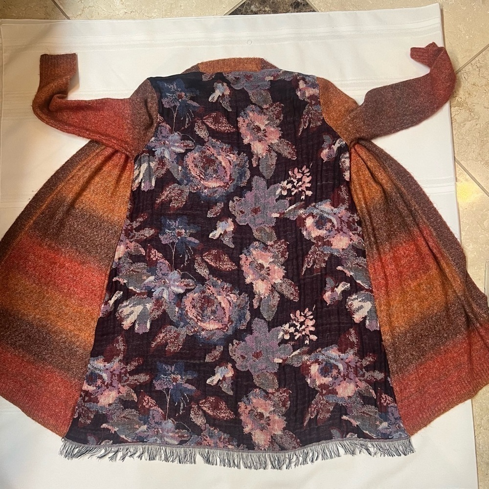 John Mark Open Duster‎ Cardigan Sweater Ombre Front Floral Fringe Boho Sz S EUC - Picture 7 of 13